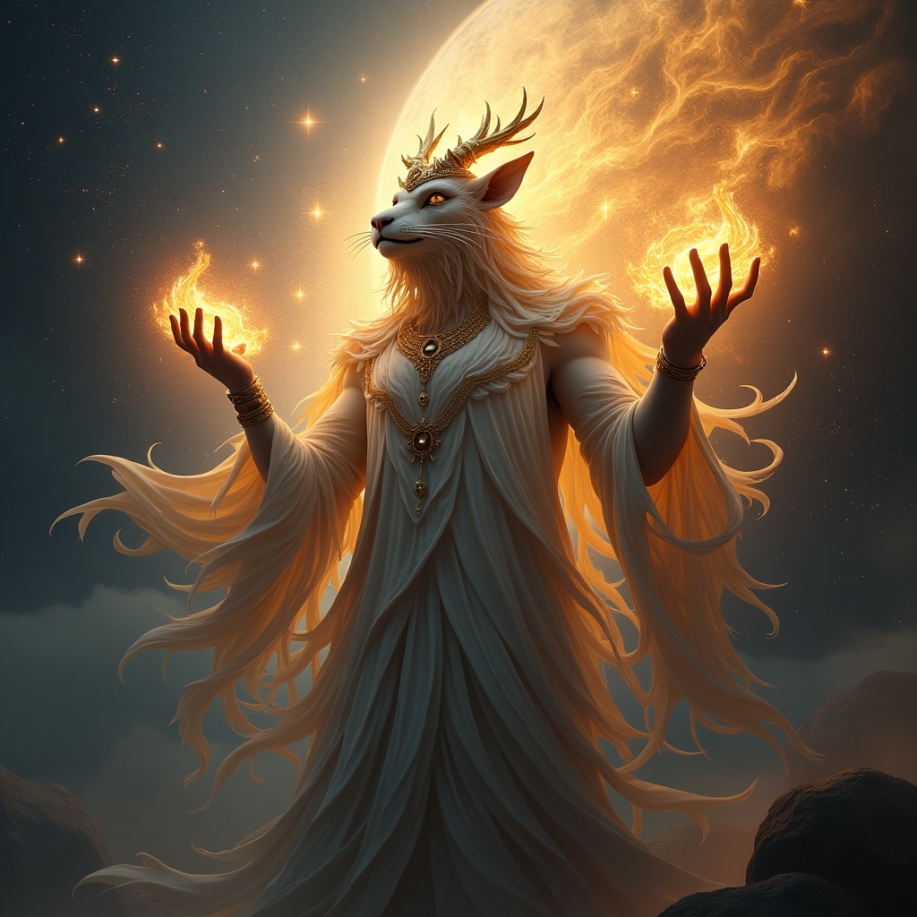 A sacred creature portrayed elegantly. It has a mystical aura and holds sacred energy in its hands. The background features celestial elements and an abstract design. The lighting creates an intricate and dramatic effect.