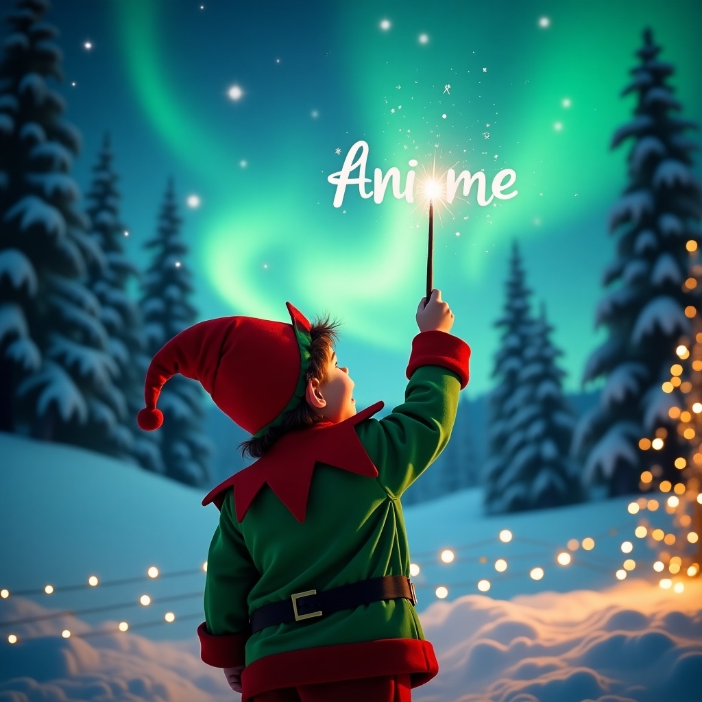 A child dressed in an elf costume stands with their back to the viewer. The child looks up at the sky using a wand to write a name. A magical atmosphere fills the scene. Northern lights sparkle above a winter landscape with snow-covered trees. Twinkling lights in the foreground add to the cozy ambiance. The mood is cheerful and festive for the holiday season.