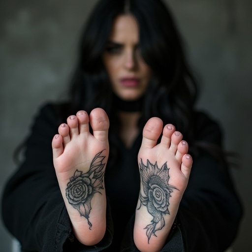 Image portrays mature goth woman with long black hair. Feet are prominently shown with intricate tattoos. Dark goth attire complements the style. Focus on the feet and tattoos.