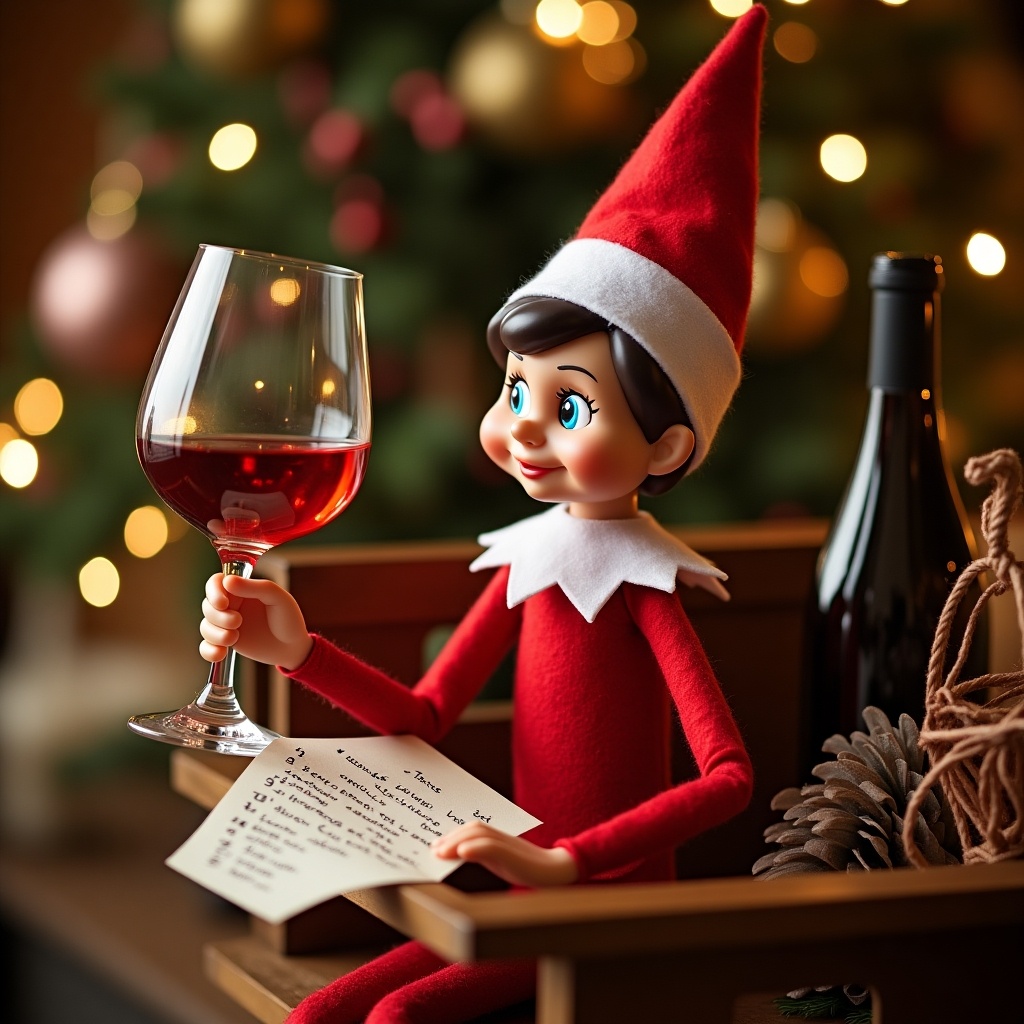 An elf on a shelf pours a large glass of wine while crying over Santa's list. The setting is festive with Christmas lights and decorations around. The elf has a red and white outfit.