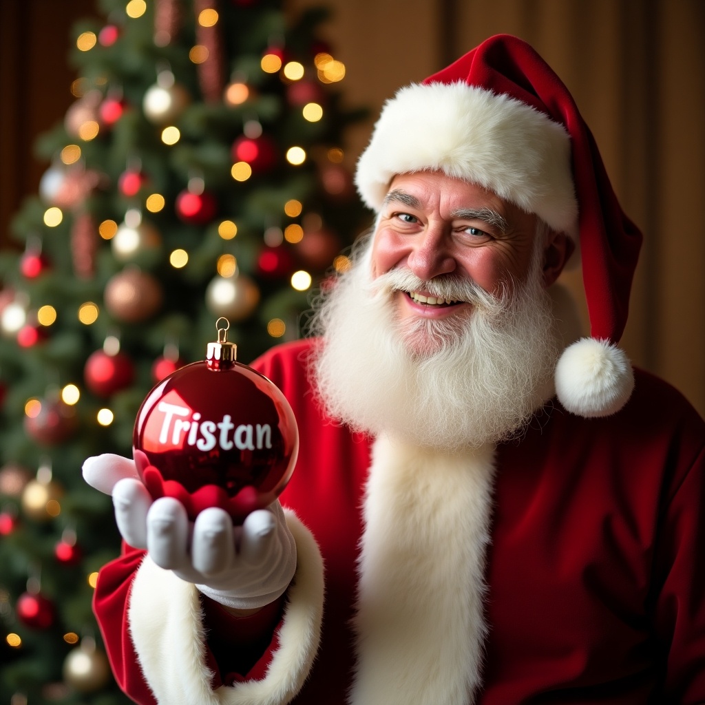 The image features a joyful Santa Claus dressed in traditional red and white attire. He is smiling broadly while holding a shiny red bauble decorated with the name 'Tristan.' In the background, a beautifully adorned Christmas tree is visible, sparkling with lights and ornaments. The setting exudes warmth and festive cheer, with rich colors and a cozy atmosphere. This scene captures the essence of holiday joy and gift-giving, appealing to families and those celebrating Christmas.