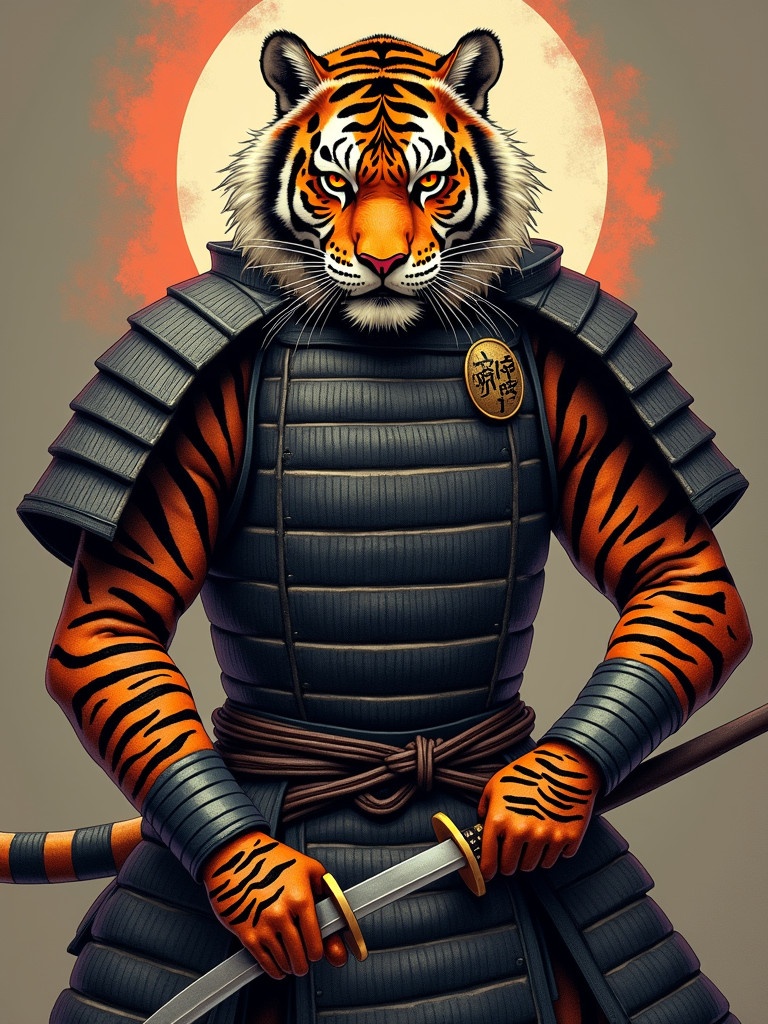 Humanoid tiger wears traditional samurai armor. Tiger holds a katana. Intense gaze with strong posture. Detailed armor shows bold orange and black stripes. Striking visual contrast against gray background.