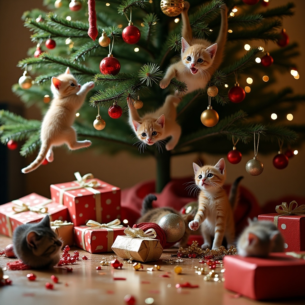 The scene captures the chaotic aftermath of curious kittens treating a Christmas tree as their personal playground. The camera angle is slightly tilted, adding to the sense of disarray, as the Christmas tree stands in the center, leaning precariously. Several mischievous kittens are mid-action—one is halfway up the tree, clinging to a branch, its paw swiping at a glittering ornament. Another kitten dangles upside down from a garland, wide-eyed and playful, while a third leaps from one branch to another, sending a cascade of red and gold ornaments tumbling through the air. The base of the tree is surrounded by opened or damaged presents, with torn wrapping paper and ribbons scattered across the floor. One box lies on its side, with a kitten popping its head out, chewing on the corner of the box lid.