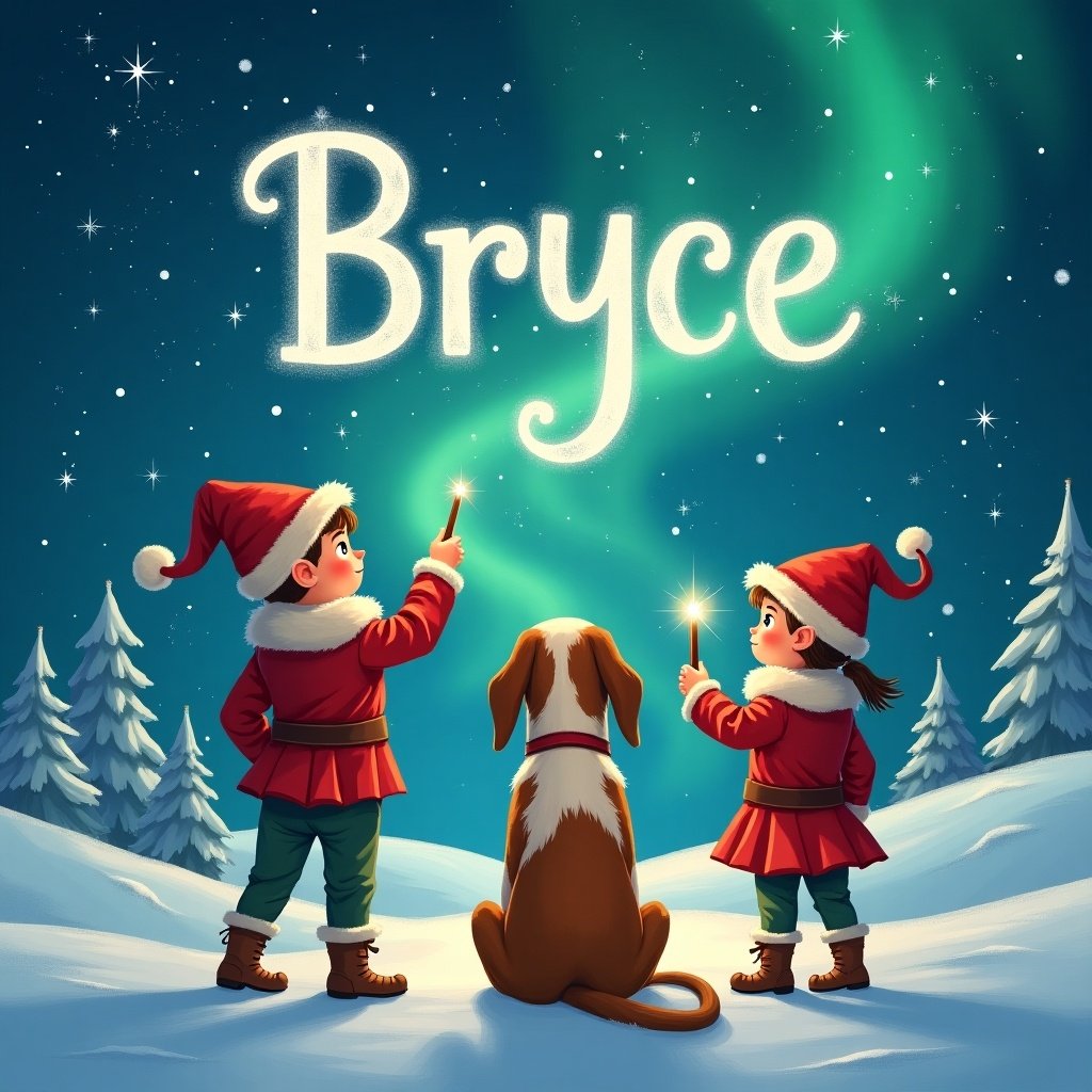 Two elves, a boy and a girl, with a Saint Bernard facing a magical sky. Using wands to write the name Bryce in the air. The background features northern lights and Santa.