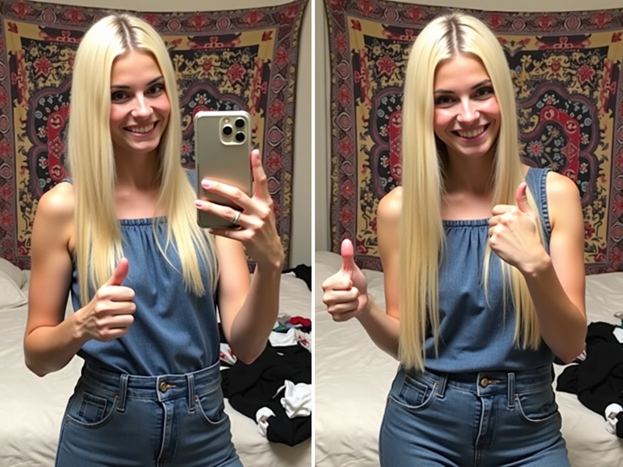 In the image, the person has long, straight blonde hair and is wearing a denim outfit. The background includes a colorful tapestry and a bed with some clothing scattered on it. The person is smiling and holding their phone to take a selfie. While keeping the same hairstyle and outfit, they are now making a thumbs-up hand sign with one hand. The overall lighting and angle of the image remain consistent with a typical selfie.