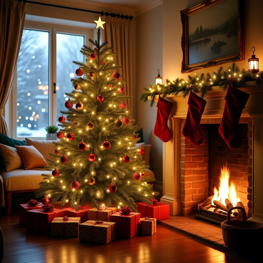 Christmas tree decorated with ornaments and lights. Cozy living room with a fireplace and stockings. Gifts wrapped under the tree. Warm ambiance and holiday spirit.