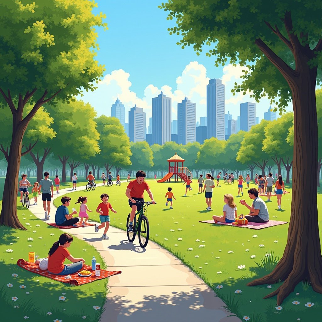 A vibrant urban park scene with families enjoying outdoor activities. Children are playing, people are picnicking, and a cyclist rides by. The background features a city skyline under a sunny sky.