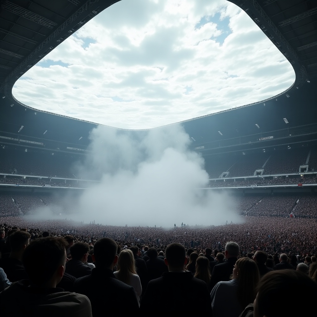 A large gray and white stage with a big screen at the back, featuring mist and fake clouds. The stage is located in a stadium filled with thousands of people.