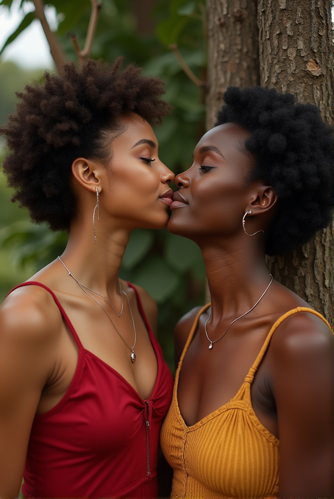 Two people lovingly lean in close to each other amidst a lush, green background.