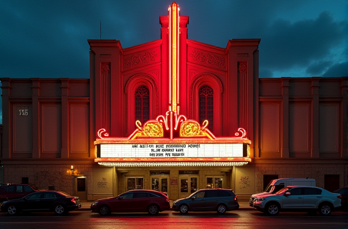 The historic theater is brightly lit with red neon signs and a marquee displaying movie titles.