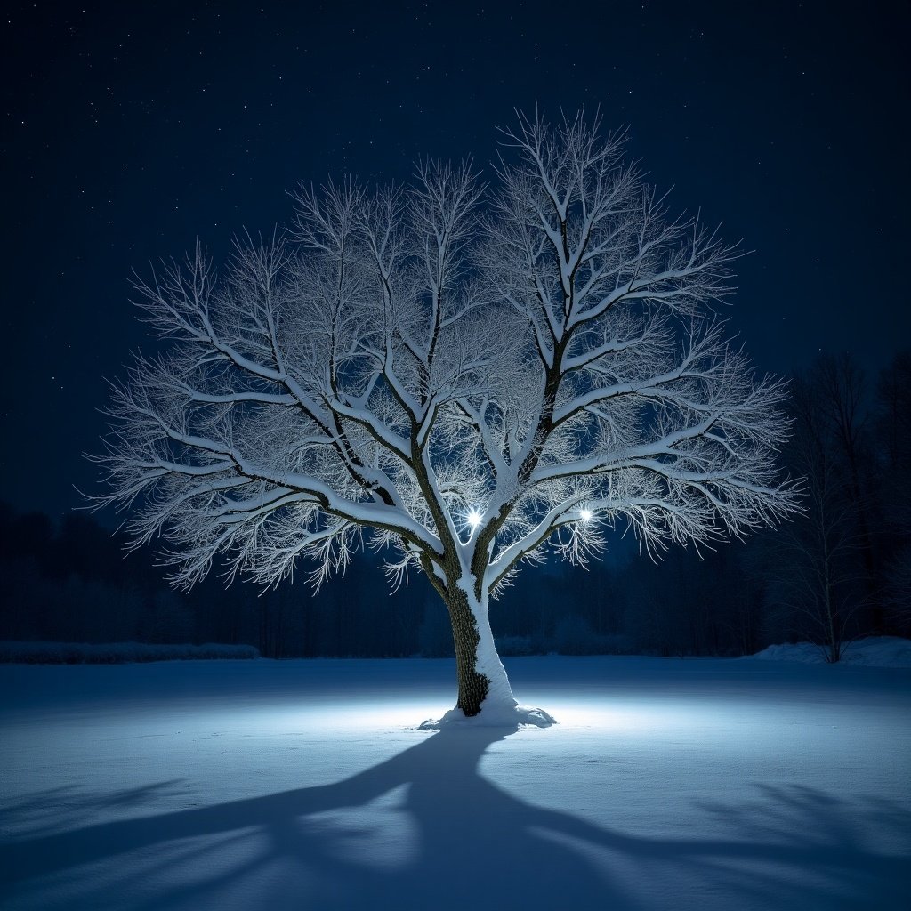 Night scene featuring a large tree with bare branches covered in frost. The tree is backlit, casting shadows on the snow. Night sky filled with stars above.