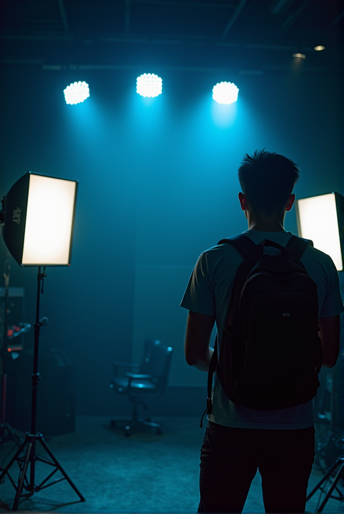 A person with a backpack stands in a dimly lit studio facing stage lights, amid photography equipment.