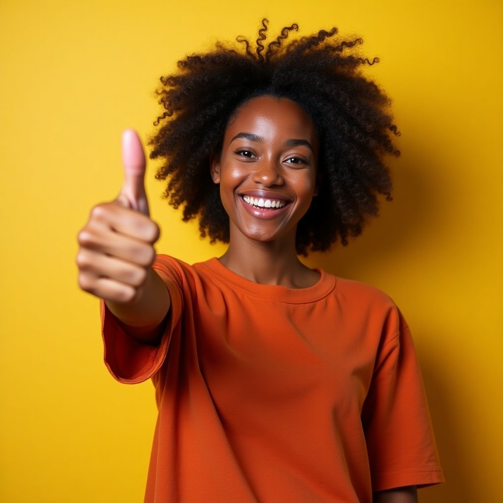 A girl with curly hair wearing an orange shirt on a yellow background. She is smiling and giving a thumbs up with her left hand.