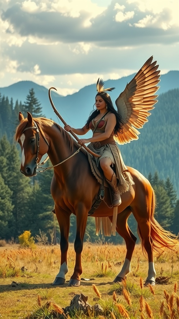 A majestic scene unfolds with a woman, adorned with angelic wings, seated on a horse in a serene natural setting. Her traditional attire and bow hint at a connection to ancient customs and spirituality. The backdrop of lush forests and distant mountains under a partly cloudy sky adds to the ethereal quality of the image.