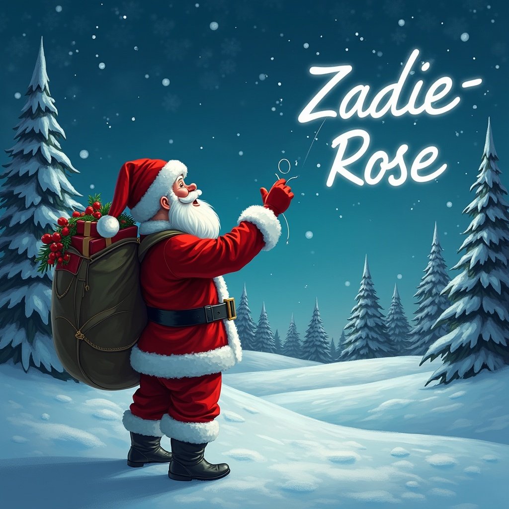 Santa is writing Zadie-Rose in the sky. Snow-covered landscape surrounds him. He wears a traditional red suit and carries a bag full of gifts. Evergreen trees are in the background. The scene is magical and festive.