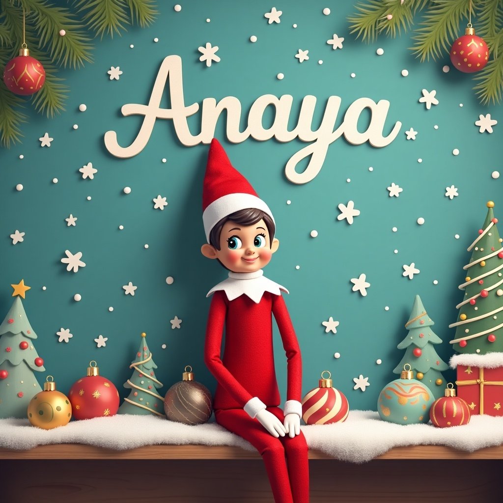 Elf on the shelf in a festive Christmas setting. The name Anaya is styled above. Decorative elements include Christmas trees and ornaments.