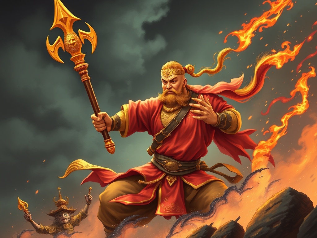 A mythical warrior in red, wielding a flaming weapon amidst a dramatic landscape.