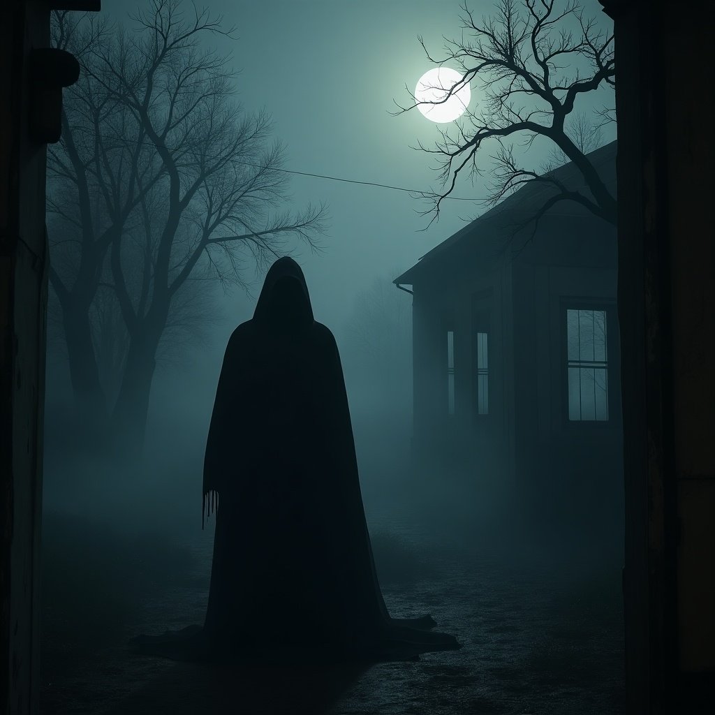 Creepy atmosphere with a dark figure wearing a cloak. Moonlight illuminating foggy surroundings. Trees are leafless and eerie. Abandoned house visible in the background.