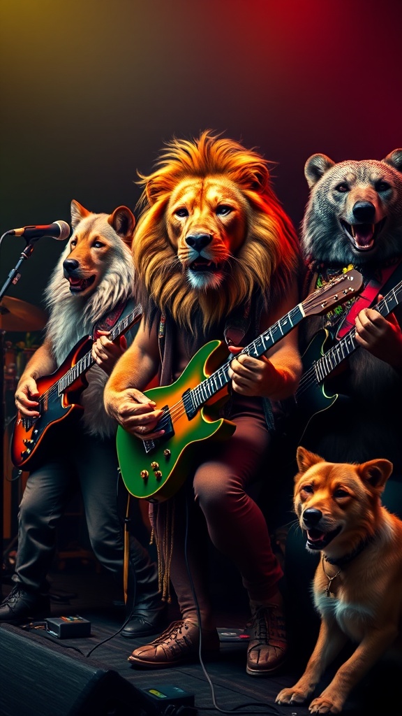 This image depicts a group of anthropomorphic animals in a band, passionately playing their musical instruments on stage. A lion as the central figure is strumming an electric guitar, flanked by a wolf and a bear, each with their guitars. The vibrant stage lighting creates a dynamic atmosphere, enhancing the fantasy theme. The display mixes realism and surrealism, blending human traits with those of iconic wild animals, representing power and harmony in a creative setting.