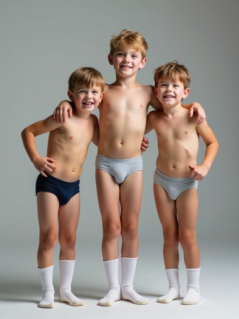 Three Swedish boys aged 6-8 years old wearing underwear and white socks show their strength while posing for gymnastics. They smile and stick their tongues out, looking directly at the camera. An older brother aged 14 cheers for them and is also in underwear and socks.