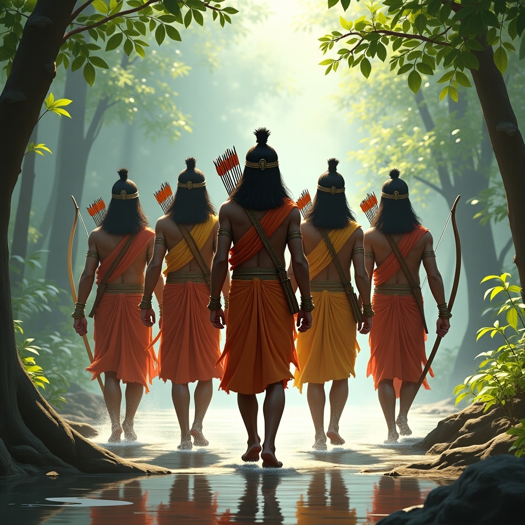 Image of five warriors from Hindu mythology walking through a forest. They wear traditional attire with bows and arrows. Strong, determined expressions on their faces. The scene shows a serene riverbank surrounded by lush greenery.