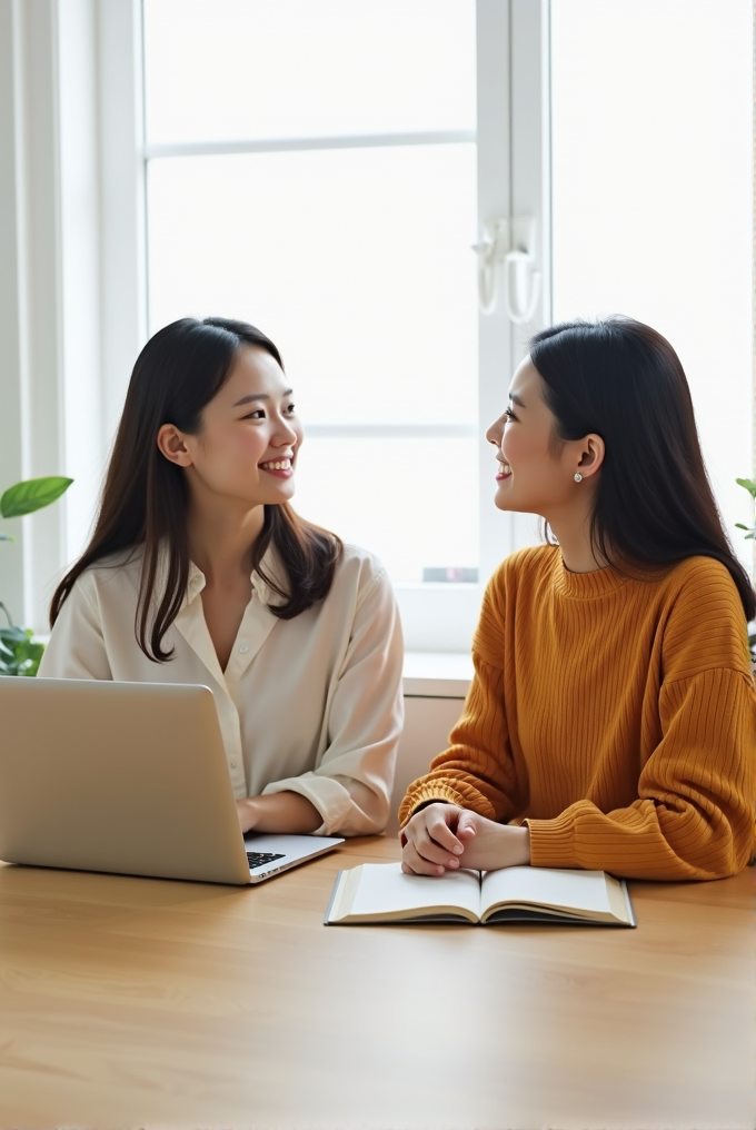 Two women are smiling and talking at a table with a laptop and a book.