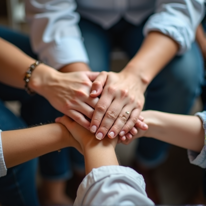 A close-up of multiple hands stacked on top of each other, symbolizing unity and support.