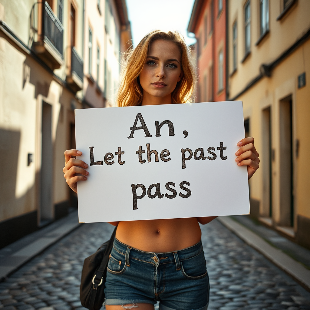 A young woman holds a sign saying 'An, let the past pass' while standing on a cobblestone street.