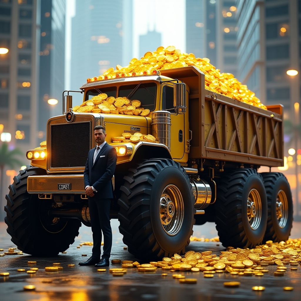 A wealthy billionaire stands beside a massive heavy-duty truck loaded with glowing gold bitcoins. The truck features a rugged, futuristic design with oversized tires and chrome detailing. Its container is overflowing with bitcoins, which gleam in the bright city lights. Dressed in a sharp, tailored suit, the billionaire exudes confidence and power. The background showcases a high-tech cityscape with skyscrapers, emphasizing wealth and success.