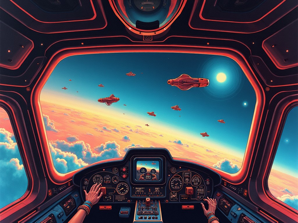 In this 70’s manga-style Gundam-like artwork, we find ourselves inside a spaceship. The cockpit showcases a panoramic view through glass, revealing the vastness of open space. Vibrant nebulas and drifting planets fill the background, creating an electrifying atmosphere. Flying at a distance, a flock of insect-like spaceships can be seen in formation. The colors blend majestically from deep blues to bright oranges, capturing the essence of space exploration and musical energy. The overall vibe is both psychedelic and futuristic, making it a striking representation of the cosmos.