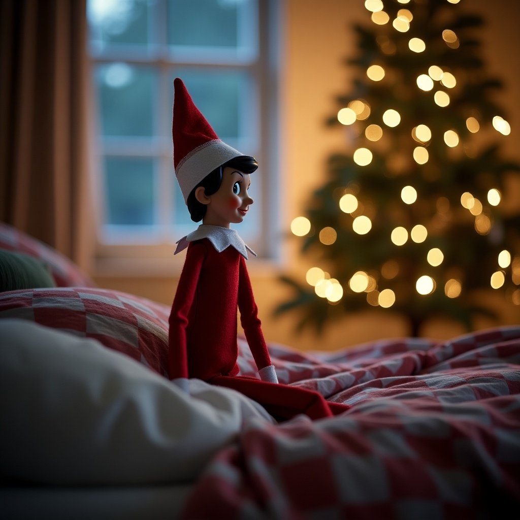 Elf on the Shelf peeking into kids' room to check if they are asleep. Cozy bedroom setting with festive decorations. Christmas tree lights twinkling in the background.