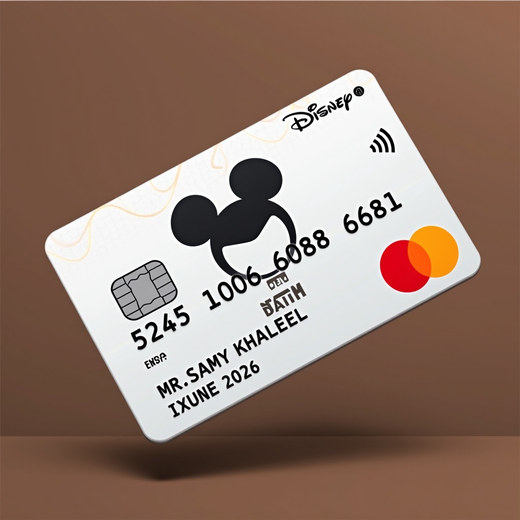 Image of a credit card with Mickey Mouse background. Features Mastercard logo and card details. The card number is displayed prominently. Holder's name and expiry date are included. Sleek and modern design.