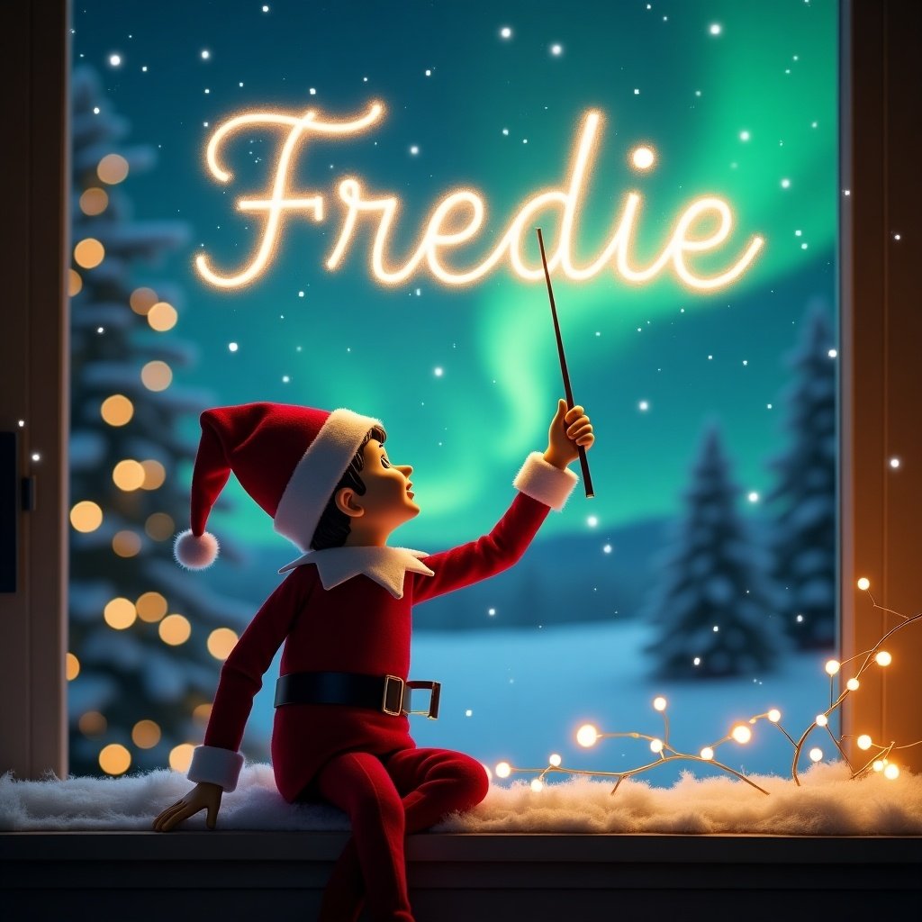 The image depicts a charming elf with his back turned, seated on a window ledge. He is facing a beautiful, magical winter scene, using a wand to elegantly write the name 'Freddie' in sparkling letters against a backdrop of stunning northern lights. The elf is dressed in a traditional bright red outfit with a pointed hat. Surrounding him are cozy Christmas decorations, including twinkling lights and snow-covered trees visible outside. This enchanting scene captures the joy and magic of the holiday season.