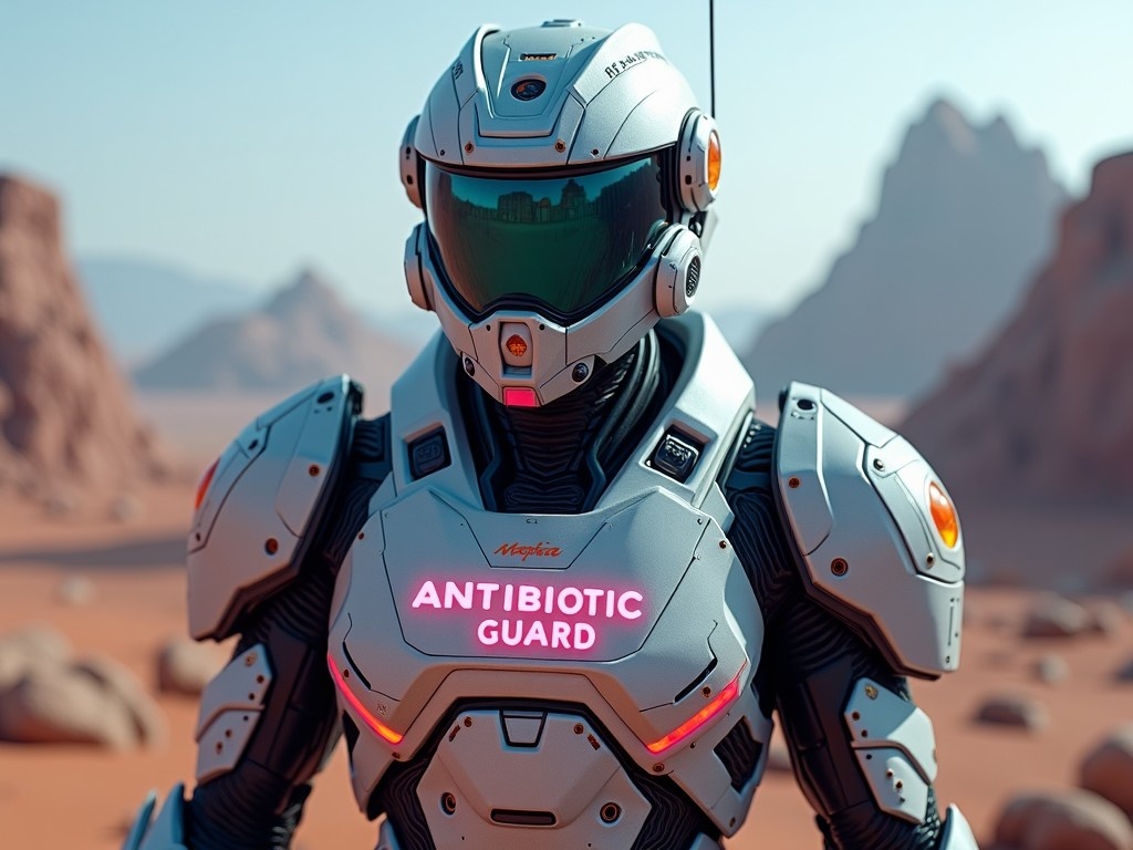 The image depicts a futuristic robotic guard, clad in a sleek armor designed for advanced protection. The armor features the illuminated text 'ANTIBIOTIC GUARD', suggesting a connection to healthcare and protective measures. Set against a stunning desert landscape, the figure stands confidently, showcasing high-tech design elements. The colors are predominantly silver and blue, with accents of orange and green that highlight the intricate details of the armor. This piece embodies the intersection of technology and medicine, inviting imagination about future protective technologies.