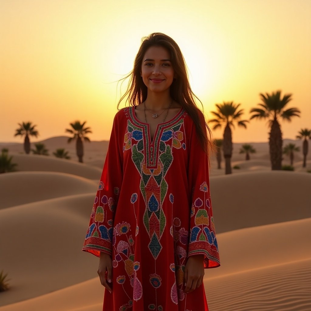 The image depicts a woman standing gracefully in the desert during sunset. She wears a vibrant traditional dress adorned with colorful embroidery. The warm hues of the sunset create a stunning backdrop, illuminated by a golden glow. Palm trees dot the horizon, enhancing the cultural ambiance of the scene. The soft, rolling sand dunes complement the serene environment, emphasizing the peacefulness and beauty of this desert landscape.