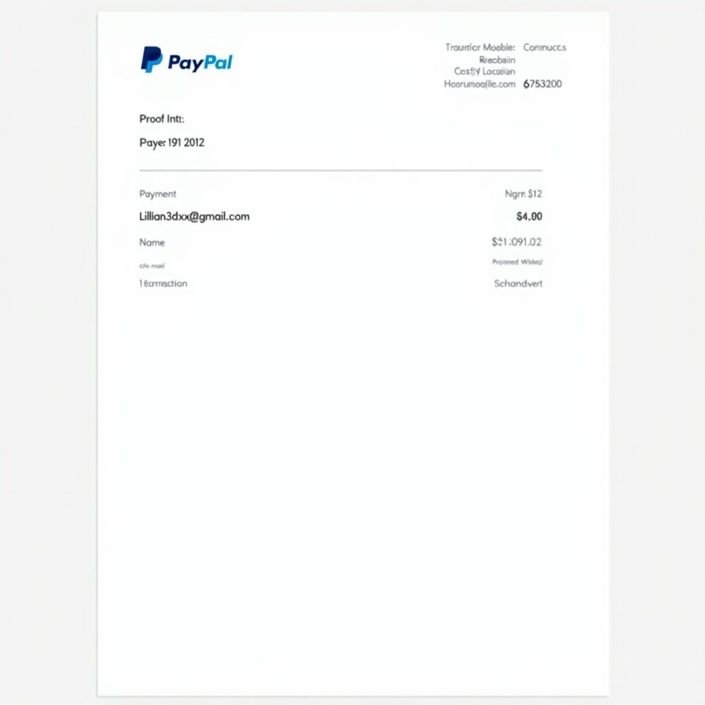 Image shows a PayPal payment receipt. Payment for $12. Email Lillian3dsx@gmail.com noted. Clean design with PayPal logo at top. Lists details like transaction amount and number. Common format for online payments.