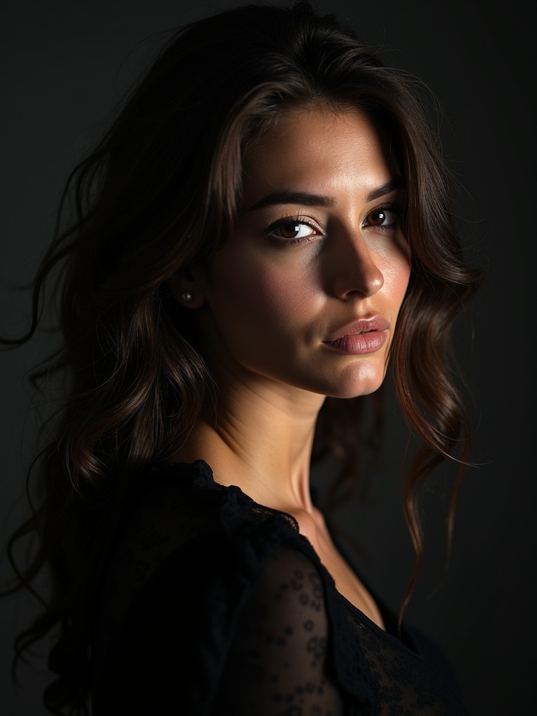 Beautiful woman captured in profile. Rich textures in dark colors create elegant composition. Natural light enhances the depth and flow of the hair. Focus on soft textures and curves. Artistic approach with emphasis on silhouette.