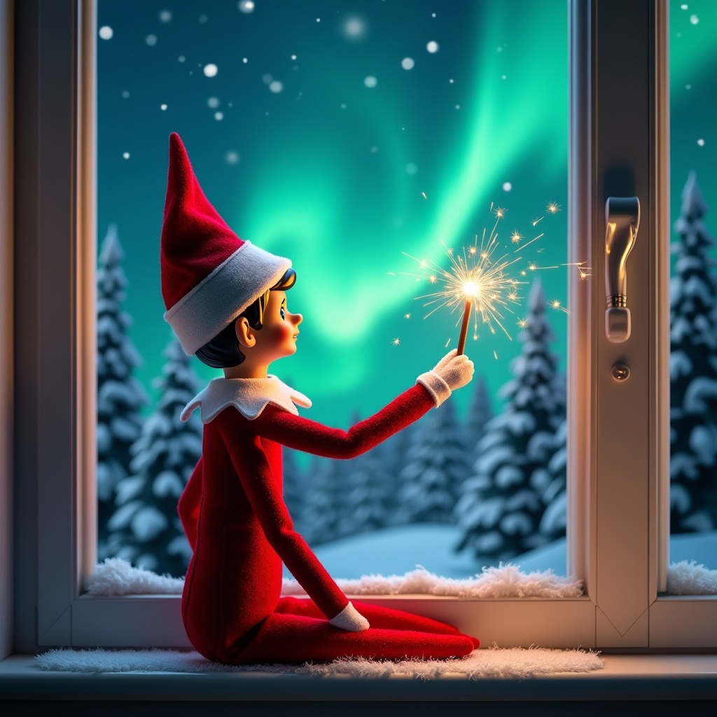 The image features an elf on the shelf sitting on a windowsill. The elf has his back to the viewer and is gazing up at the sky. He is using a wand to create magical sparks. The background shows a captivating Christmas scene with vibrant northern lights illuminating the night sky. Surrounding the window are snow-covered pine trees, enhancing the holiday atmosphere.