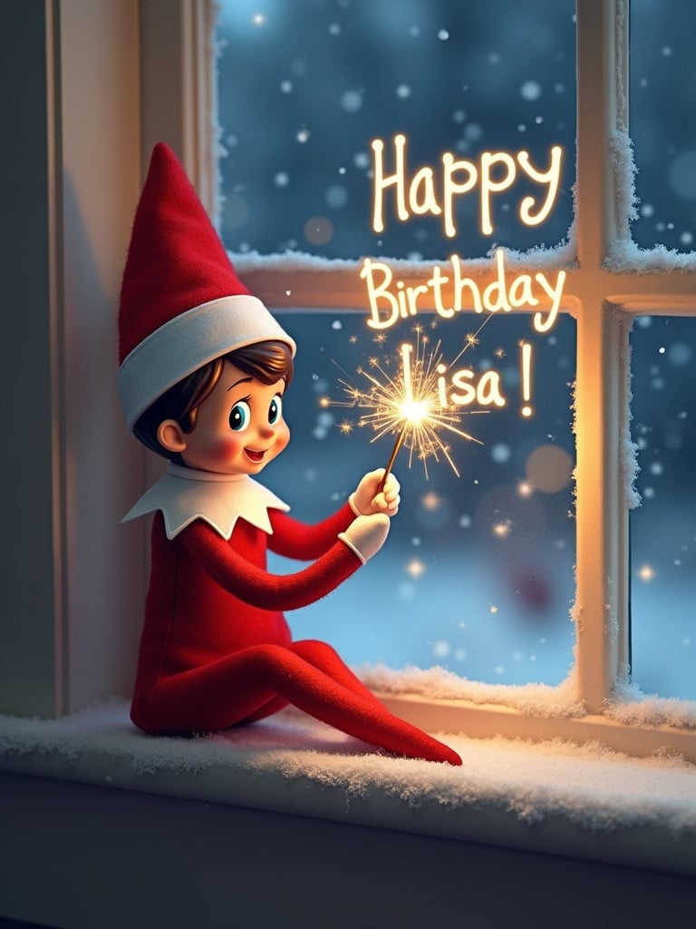 A cute elf is sitting on a window ledge. She is writing 'Happy Birthday, Lisa!' with a sparkler. Snow is falling outside, creating a cozy atmosphere. The elf is wearing a red and white outfit. The scene captures holiday joy and creativity.