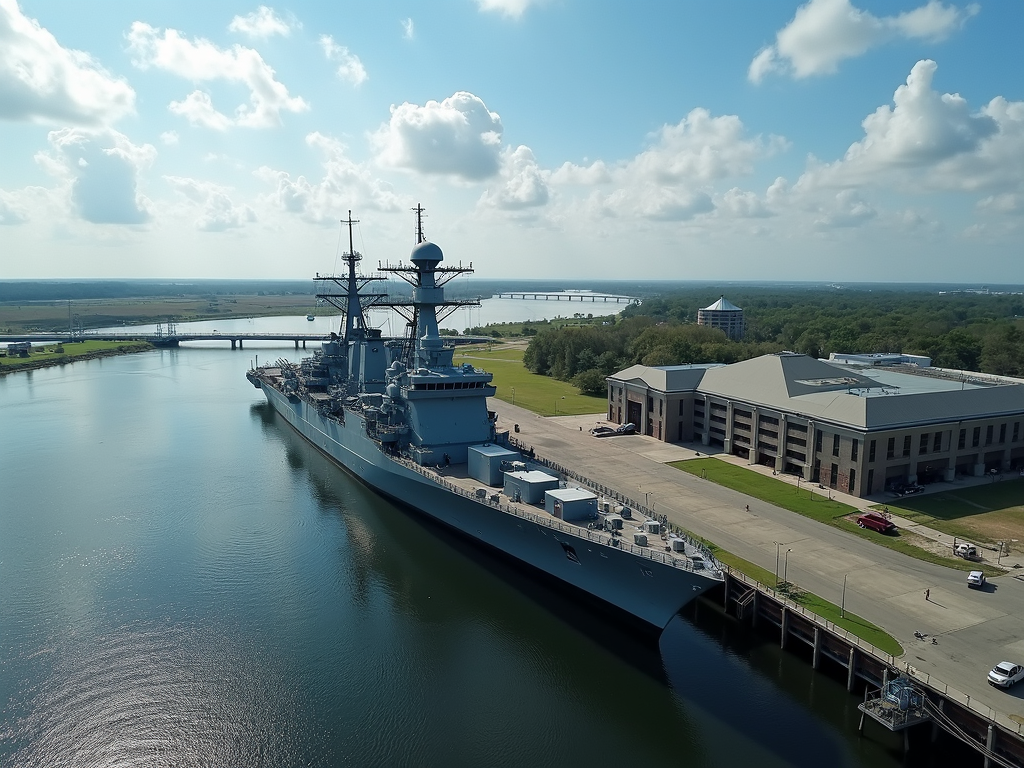 A large naval ship is docked beside a modern waterfront building under a sky dotted with fluffy clouds.