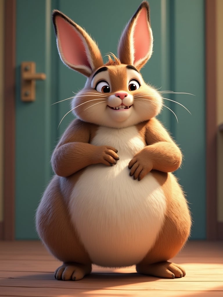 A cute and animated rabbit character stands happily. The character has a significant belly and embodies a joyful expression. The surrounding environment is light and charming.