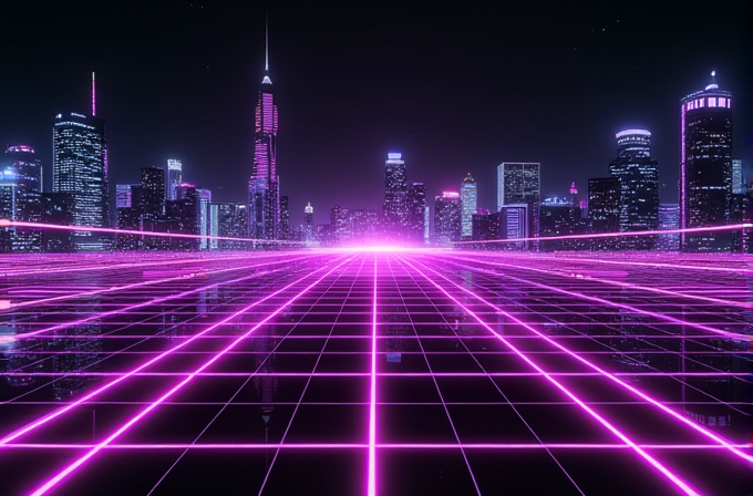 A neon-lit cityscape with a glowing pink grid, evoking a retro-futuristic digital environment.