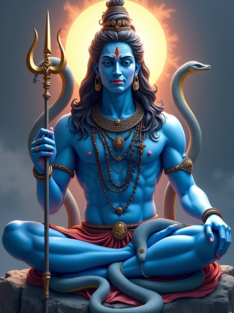 A serene representation of Lord Shiva seated in meditation. He holds a trident in one hand and has a snake coiling around him. The background features a glowing halo effect. An aura of peace and divinity surrounds the figure.