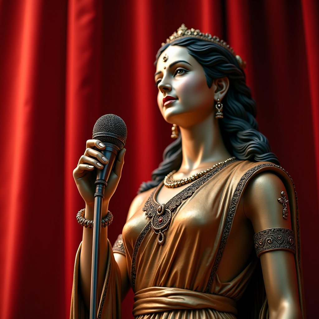 A regal woman in intricate golden attire holds a microphone against a dramatic red curtain backdrop.