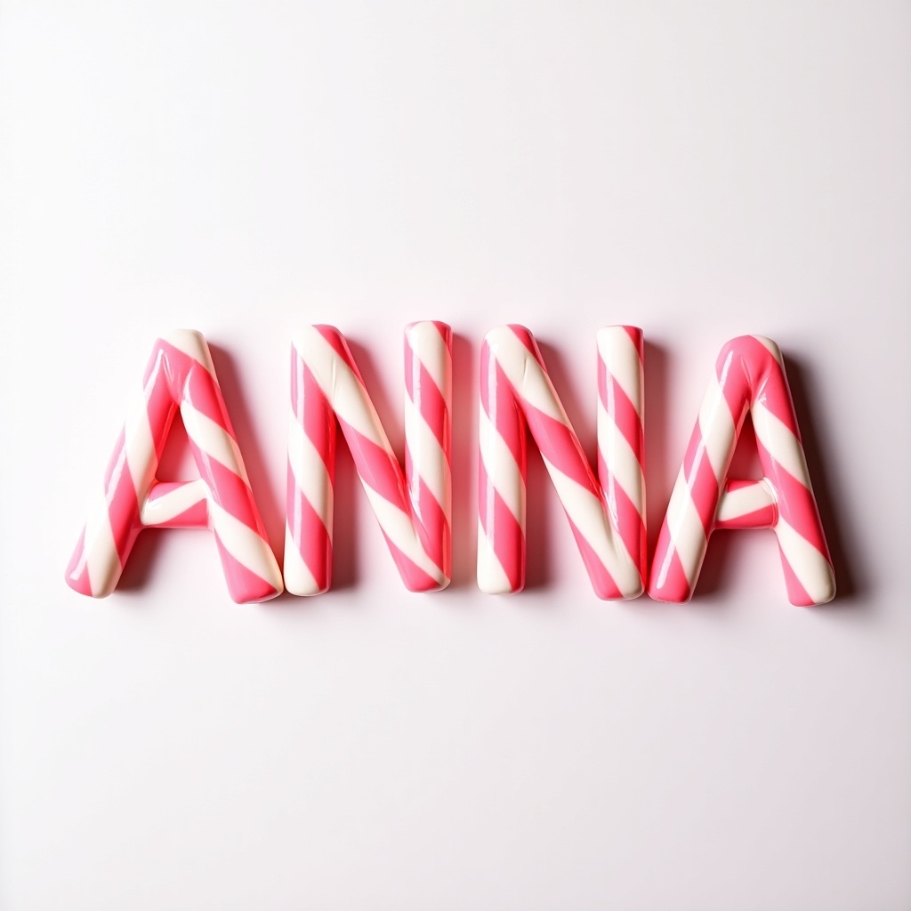 Candy canes made of pink and white colors are arranged to spell the name ANNA. The background is clear. Each letter is distinct and colorful.