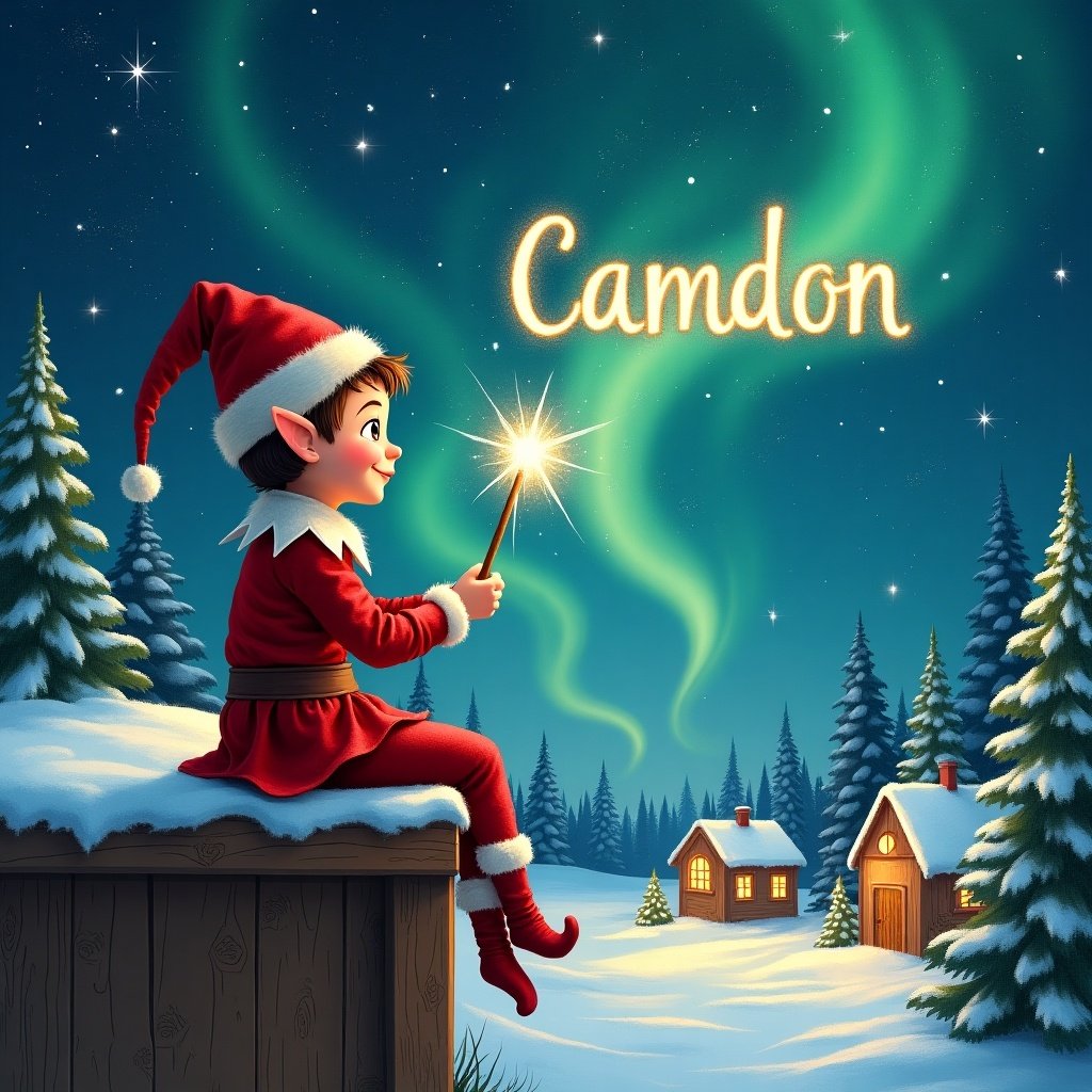 An elf in red costume sits on a ledge. The elf holds a wand, creating the name 'Camdon' in the starry sky. Scene includes snowy landscape with houses and evergreen trees illuminated by Northern Lights. A representation of holiday magic and cheer.