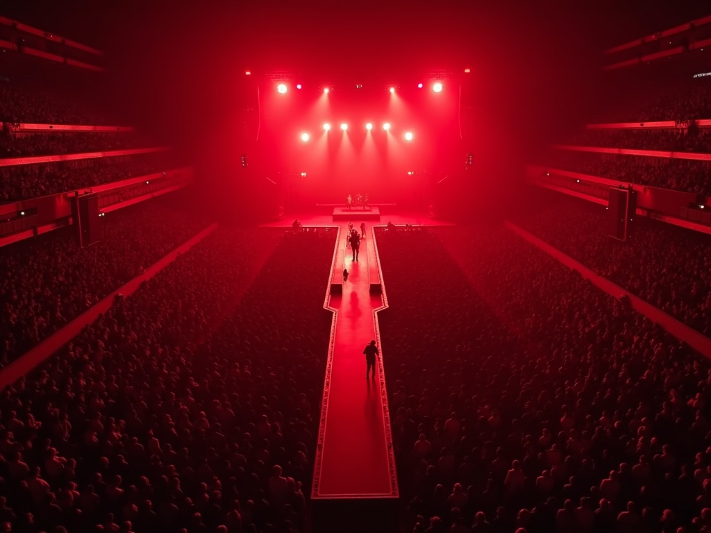 The image showcases a high-energy concert scene featuring an electrifying performance by Roddy Ricch at Madison Square Garden. It provides a bird's-eye perspective of the audience packed tightly in the arena, creating a sense of community among fans. A striking T-stage extends from the main stage, offering an intimate experience for concert-goers. Bright red lights bathe the performers, adding to the excitement of the moment. This vibrant orchestration of lights and crowd reaction embodies the essence of a thrilling live music event.