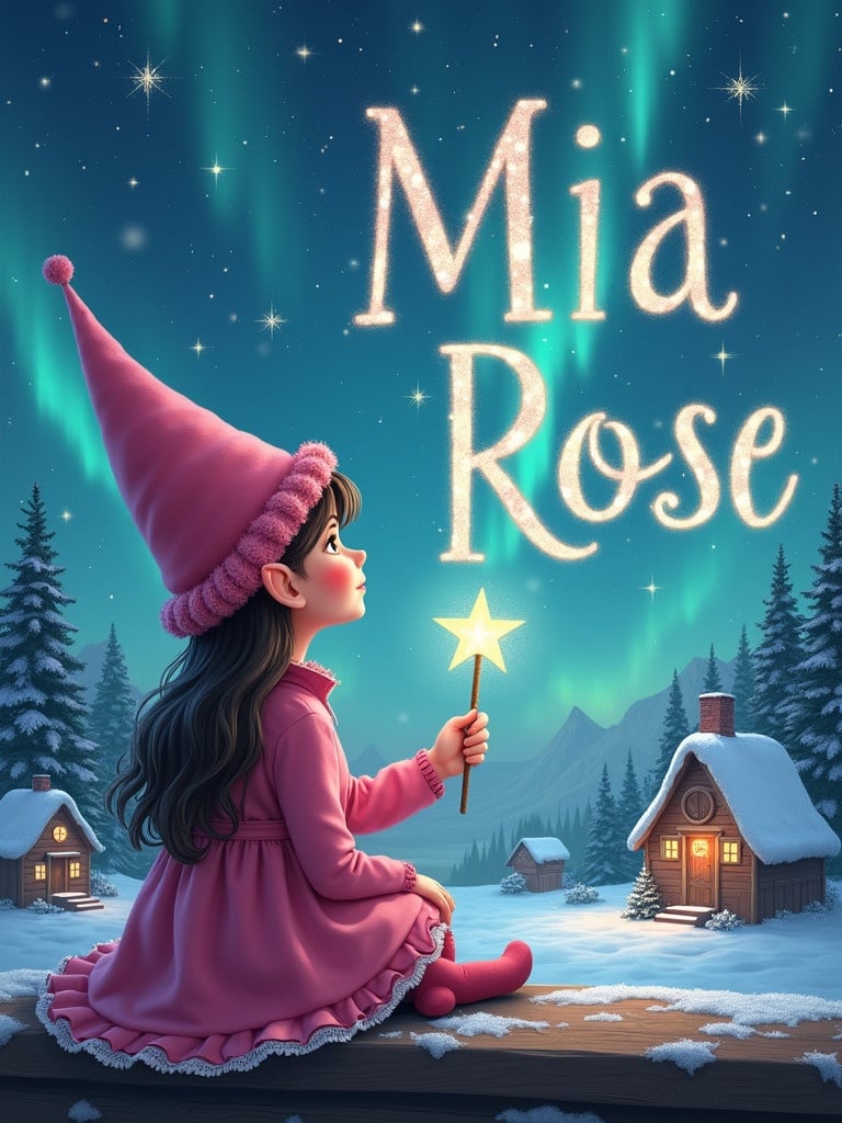 A girl elf sits on a wooden ledge. The elf gazes at the magical sky. The elf wears a pink pooky dress and a pointed hat. The elf holds a sparkling wand. The elf writes the name 'Mia Rose' in the sky. A snowy landscape surrounds charming houses and evergreen trees. Northern Lights shimmer above. The scene captures childhood magic and Christmas cheer.