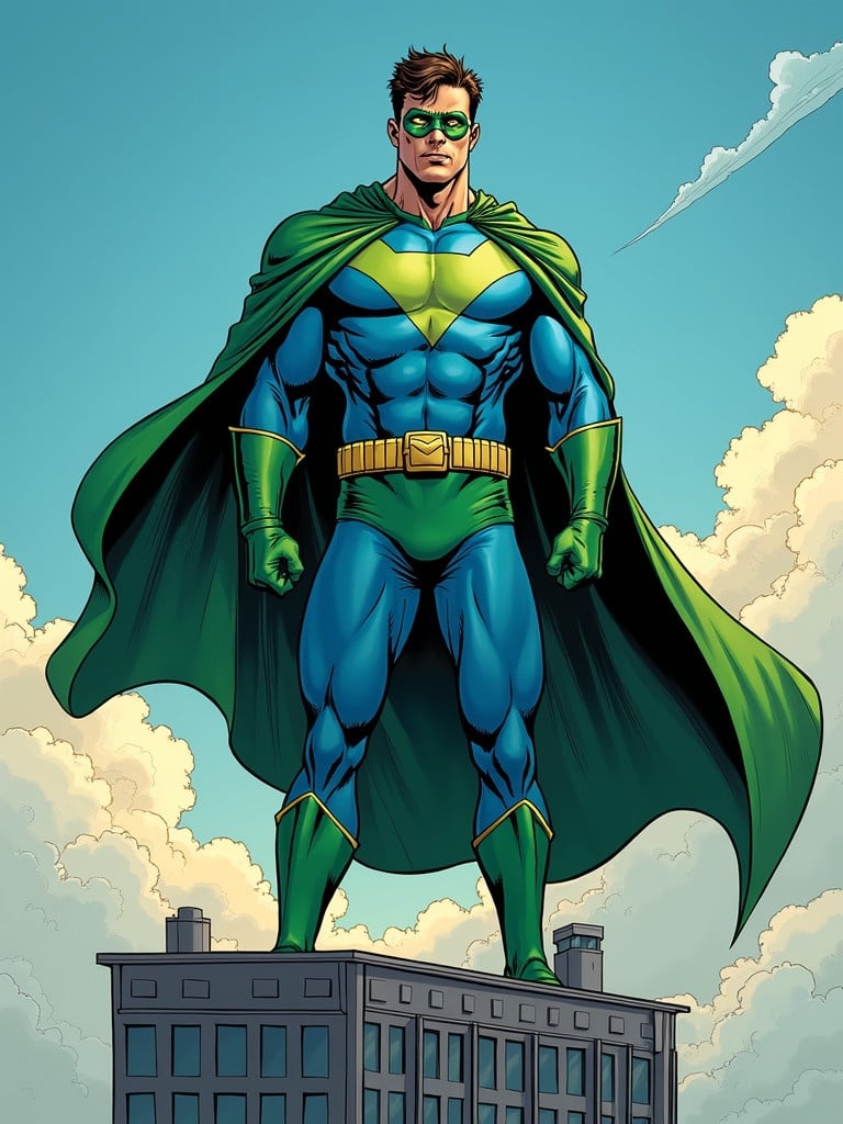 A comic book superhero wearing a blue and green suit with a mask stands on top of a tall building. The artwork is vibrant and true to the comic book art style. Hero poses confidently against a bright sky.