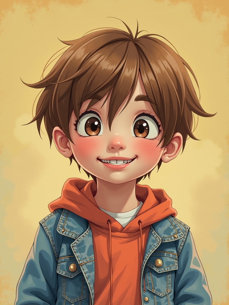 A youthful character with short brown hair is dressed in a casual outfit. The character wears a denim jacket and an orange sweatshirt. The background is softly illuminated in warm yellow tones giving a playful feel. The character stands in an engaging pose, highlighting their stylish attire.